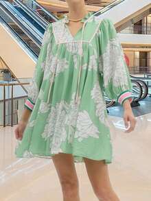 Women Flower Lounge Dress Loose Tie-Up V Neck 3/4 Sleeve Pajama Dress Casual Sleepwear - Green - View 3