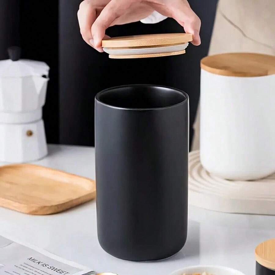 1 lọ gốm đen/trắng có nắp, lọ kín, lọ đựng cà phê, lọ đựng thực phẩm, lọ đựng kẹo, hộp cà phê, hộp trà, lọ tiết kiệm, lọ đựng đồ nhà bếp