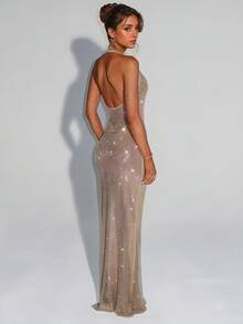 Deep V-Neck Bodycon Dress, High Waist Shiny Party Clubwear, Sexy Slit Fitted Dress For Women, Summer - Gold - View 3