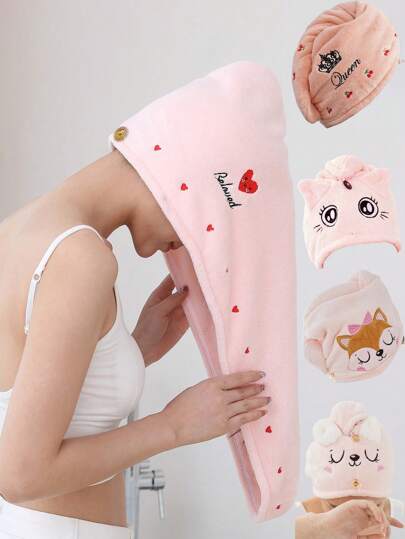 1/2/3 piezas Gorro de felpa de coral bordado, máscara facial, diadema, gorro de ducha suave y absorbente, gorro de baño con dibujos animados, toallas de ducha de un solo tamaño para salón de belleza, hotel, deportes, artículos esenciales para el hogar, toalla, cuidado de la piel