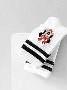 Disney 1双女士中筒袜，黑白条纹运动款，可爱卡通图案，防臭吸湿，休闲百搭，适合学生/成人作为礼物或日常穿着，袜子 - 白色 - 查看 4