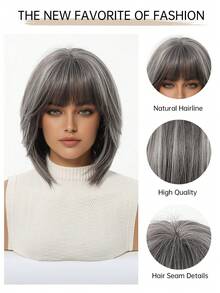 Elegant Mixed Gray Bob Wig With Bangs For Mature Women Natural Synthetic Wig For Gray Use Every Day Wear - Xám - Xem 9