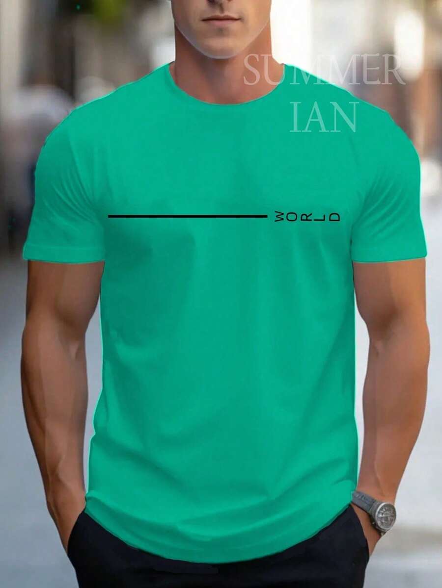 Men's Short Sleeve Printed Cotton T-Shirt WORLD - 青碧色 - 查看 1