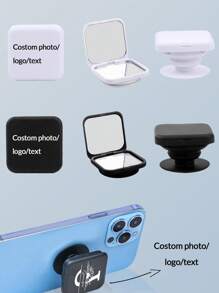 1pc Customized Makeup Mirror With Phone Holder, Portable Glass Mirror With Flip Cover, Double-Sided, Air Cushion, Extendable Phone Stand Suitable For All Phones, Ideal For Team Gifts, Wedding Gifts, Gifts For Family And Friends, Daily Use