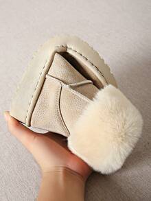 女士风格雪地靴，纯色毛领装饰，保暖内衬，短筒，保暖雪地靴，时尚平底，毛绒内衬，冬靴，黑色，卡其色，防滑，舒适雪地靴 - 卡其色 - 查看 11