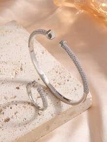 rakol 2pcs Cubic Zirconia Decor Minimalist Fashion Nail-Shaped Open Bangle Bracelet & Adjustable Ring Set - Jewelry Set - View 2