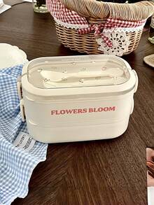 1 Set Student Bento Box With Fork And Spoon, Floral Pattern Lunch Box, Food Container Bento Box, Insulated Adult Lunch Box For Office Workers, Divided Kitchen Food Storage Box With Lid, Lunch Box, School Lunch Box - Multicolor - View 4
