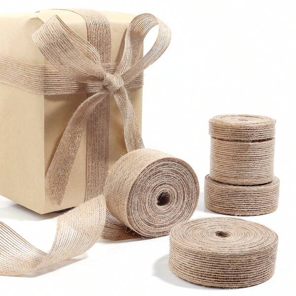 5m/Paquete Cinta de arpillera de yute natural Rollo de cinta para manualidades DIY con alambre Trabajo manual Cinta para el hogar Cinta para bodas Hacer envoltorios Envoltura de regalos de Navidad Coronas de otoño Decoración Cinta de decoración de Pascua