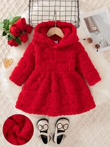 Girls' Casual Solid Color Long Sleeve Hooded Plush Warm Reversible Knee-Length Dress, Autumn/Winter - Red - View 1