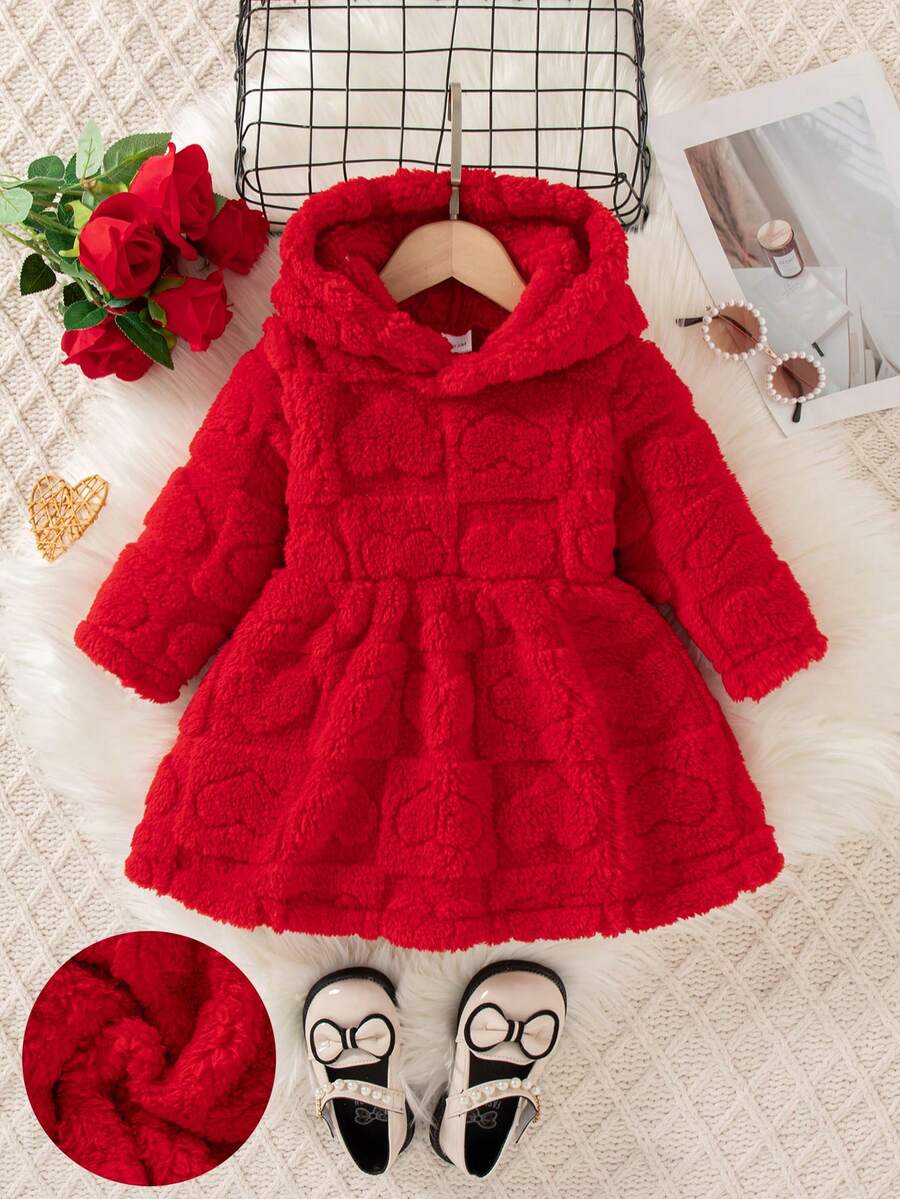 Girls' Casual Solid Color Long Sleeve Hooded Plush Warm Reversible Knee-Length Dress, Autumn/Winter - Red - View 1