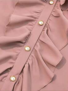 Elegant Pink Puff Sleeve Blouse With Stand Collar And Ruffle Front For Women - Pink - View 4