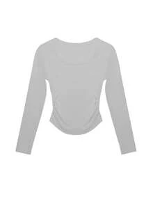 女士方领套头T恤，褶皱设计修身短款露脐上衣，休闲春季款 - 灰色 - 查看 8