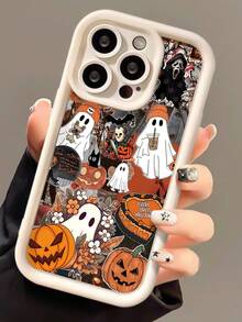 1pc Fashionable Halloween Pumpkin & Ghost Graphic Splicing Pattern Full Coverage White Anti-Fingerprint Soft Phone Case Compatible With IPhone 16 Pro Max/16/16 Pro/16 Plus/15/15 Pro Max/15 Pro/11/12/13/14 Pro Max/11 Pro/11 Pro Max/12 Pro/12 Pro Max/13 Pro/13 Pro Max/14 Pro/14 Pro Max, Creative High-End Design