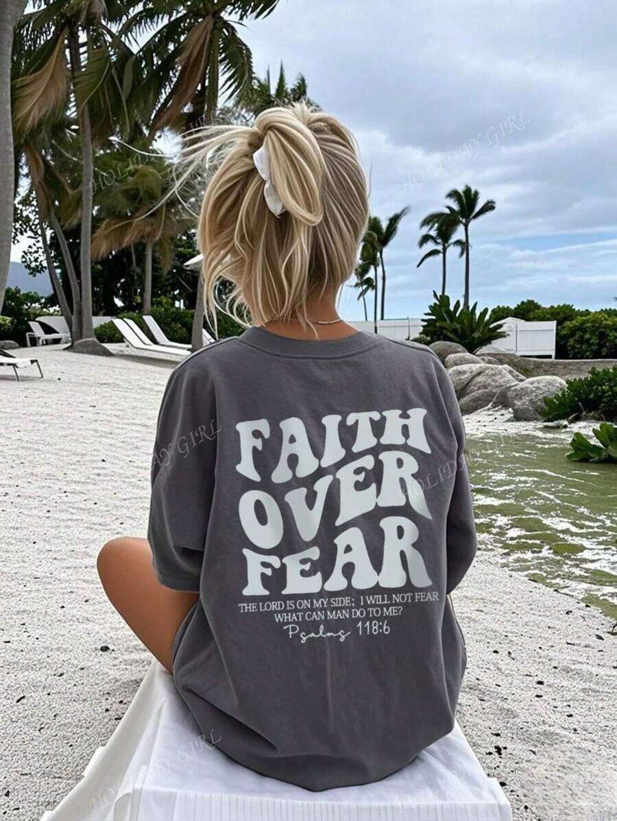 180g Faith Over Fear Christian Graphic-Shirt |   Women's Casual Vacation Bible Verse Tee |   Summer Round Neck Short Sleeve Top Summer-Shirt Women Casual Loose Top Letter Print Tee - 灰色的 - 查看 1