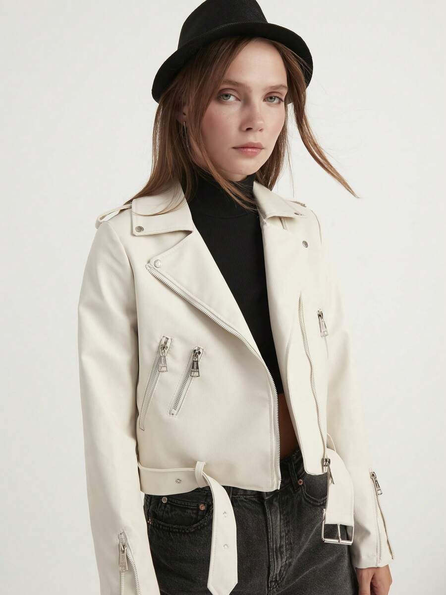 Casual Zipper Pocket Belt Leather Jacket, Solid Color, All Seasons - White - View 1