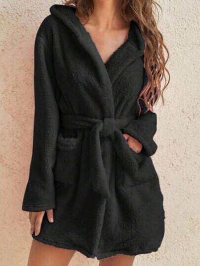Fluffy Bathrobe, Women's Mid-Length Plush Fleece Robe Hooded Bathrobe, Soft & Absorbent Fleece Dressing Gown Ideal For Spa And Home, Flannel Pyjamas Robe Warm Sauna Gown Quick Drying With Belt Women's Bathrobe Nightwear