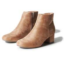 Women's Black Vegan Suede Cheetah Faux Suede Cognac Vegan Suede Natural Faux Suede Smokey Taupe White PU Chunky Low Heel Zip-Up Ankle Boots – Minimalist Round/Pointed Toe Fashion Booties [Size Up Half Size] - 天然仿麂皮 - 查看 4