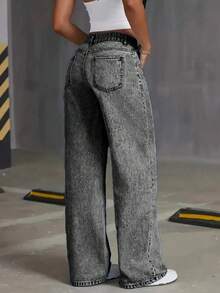 Teen Girl Casual Front Button Pocket Straight Leg Jeans, Daily Wear - Black - View 3