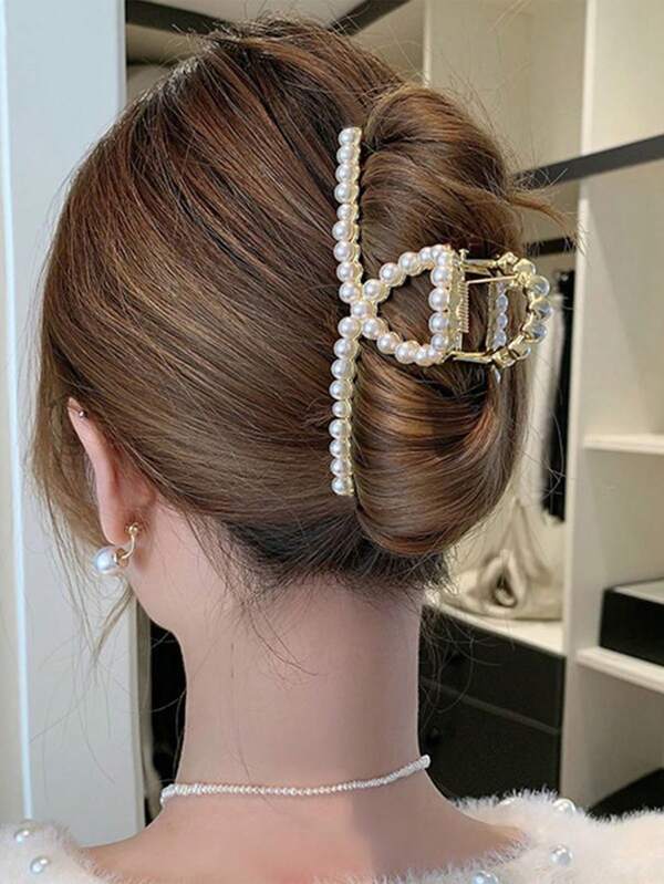 1pc Metallic Faux Pearl Hair Claw Elegant Tiaras Claw Clips Hair Clips Hair Jaw Clip Hair Clamps Hair Clutch Hair Catcher Clip, Casual
