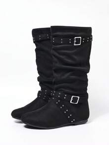 Black Multi-Strap Rivet Punk Pleated Soft Flat Round Toe Versatile Commute Daily Office Casual Holiday Music Festival Fashion Mid-Calf Boots For Women - Black - View 2