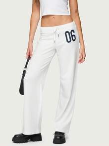 Women Y2K Number Printed Sweatpants Drawstring Elastic High Waist Straight Leg Baggy Pants Loose Workout Joggers Casul Trousers - 白色 - 查看 2