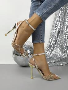 High Heel Fashionable Pointed Toe Metal Sandals, Casual For Daily Wear In Summer - Apricot - View 6