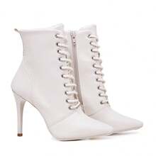 Women's Thin Heel Boot With Front Lace-Up And Modern Style - trắng - Xem 3