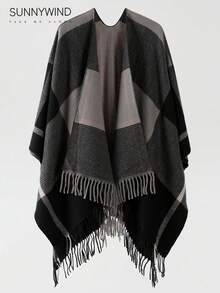 1 pezzo Poncho plaid versatile, elegante per pendolarismo, casual e abbigliamento da lavoro, autunno/inverno - nero - Visualizzare 1