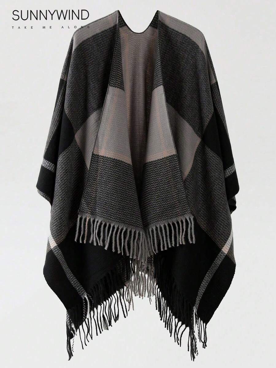 1 pezzo Poncho plaid versatile, elegante per pendolarismo, casual e abbigliamento da lavoro, autunno/inverno - nero - Visualizzare 1
