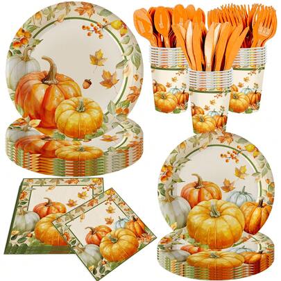 140Pcs, Fall Party Supplies Tableware Set Retro Pumpkin Plates And Napkins, Thanksgiving Party Decorations Pumpkin Maple Leaf Paper Plates, Autumn Birthday Party Decor, Serve For 20 Guest
