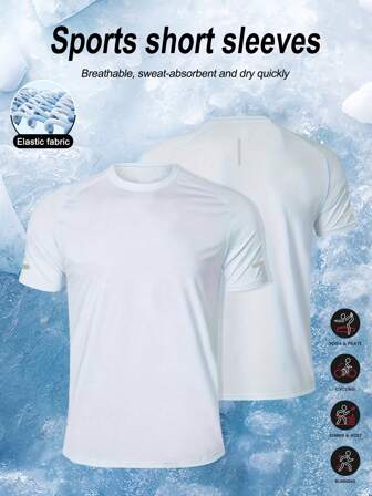 男士轻盈透气吸湿排汗短袖运动 T 恤，休闲印花反光条纹，纯色基本款圆领，适合户外骑行、跑步、健身房锻炼