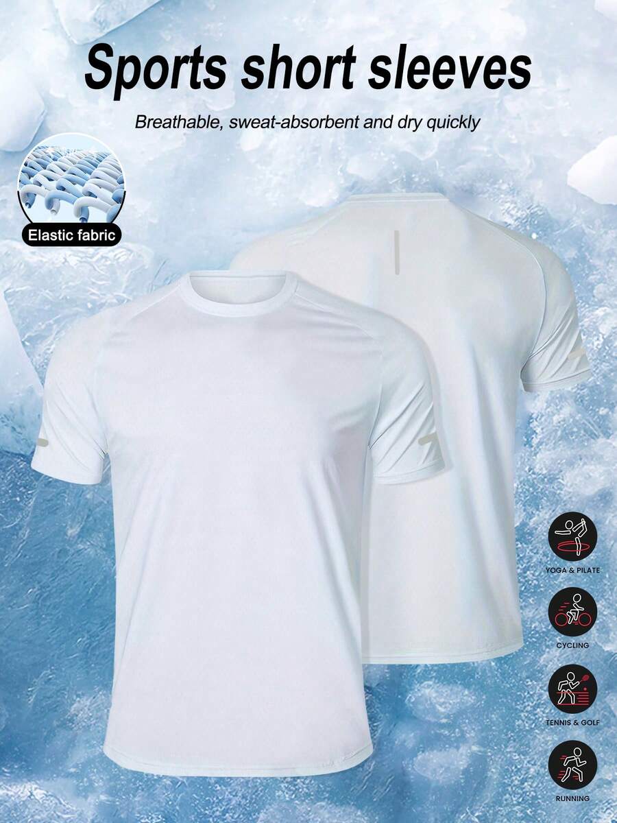 Men's Lightweight, Breathable, Moisture-Wicking Short Sleeve Sports T-Shirt, Casual Printed With Reflective Stripes, Solid Color Basic Round Neck For Outdoor Cycling, Running, Gym Workout Summer - White - View 1