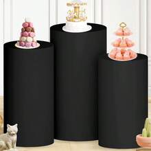 Set de 3 cubos de postre negros, base cilíndrica, tapa y soporte cilíndrico para decoración de fiestas, bodas o cumpleaños - Solo se incluye el mantel cilíndrico