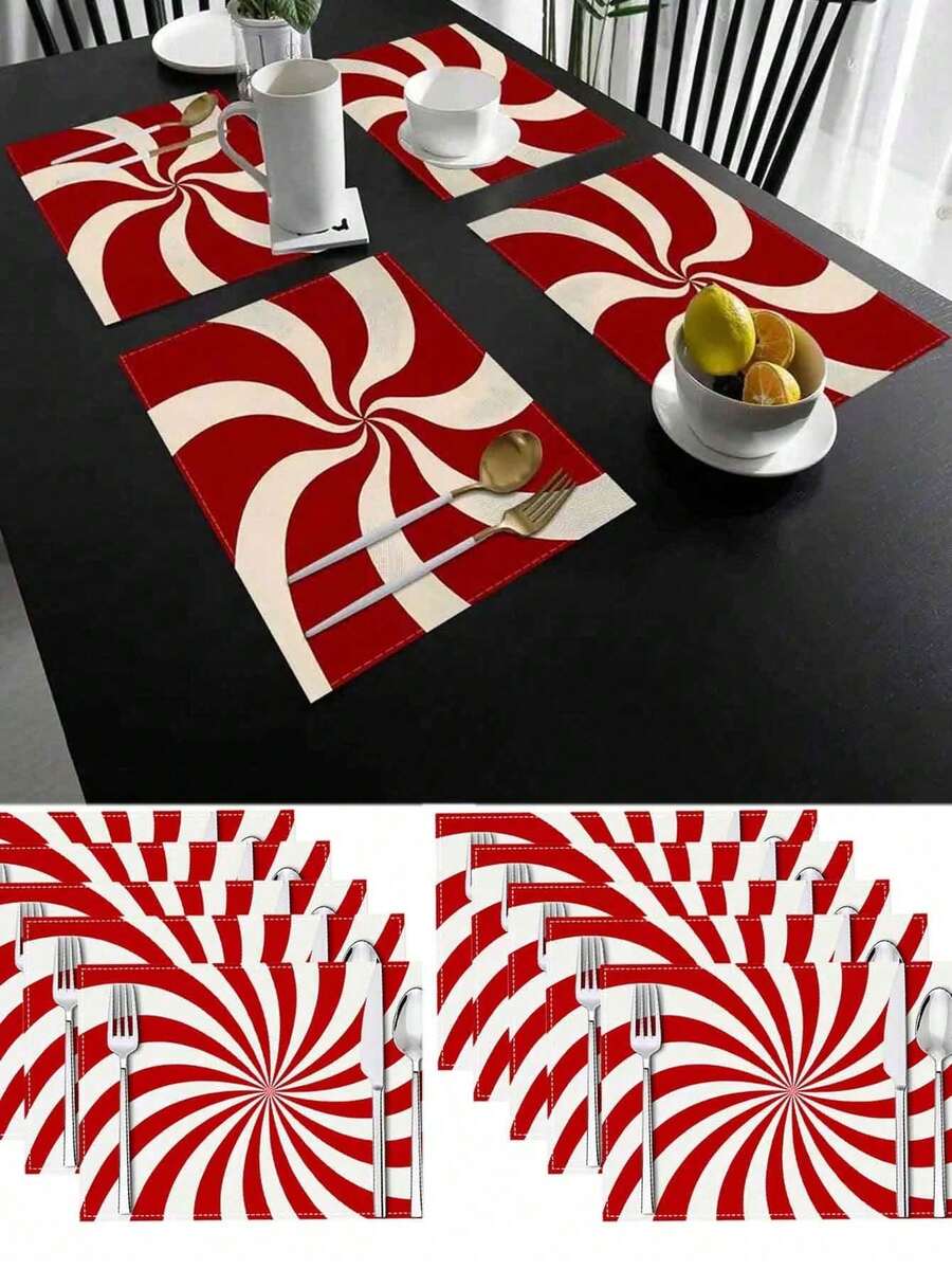 4pcs/1pc Red & White Candy Stripe Pattern Printed Placemats & Coasters, Christmas Holiday Dining Table Decor, Suitable For Restaurant, Coffee Table, Home Decor, New Year Party And Daily Use