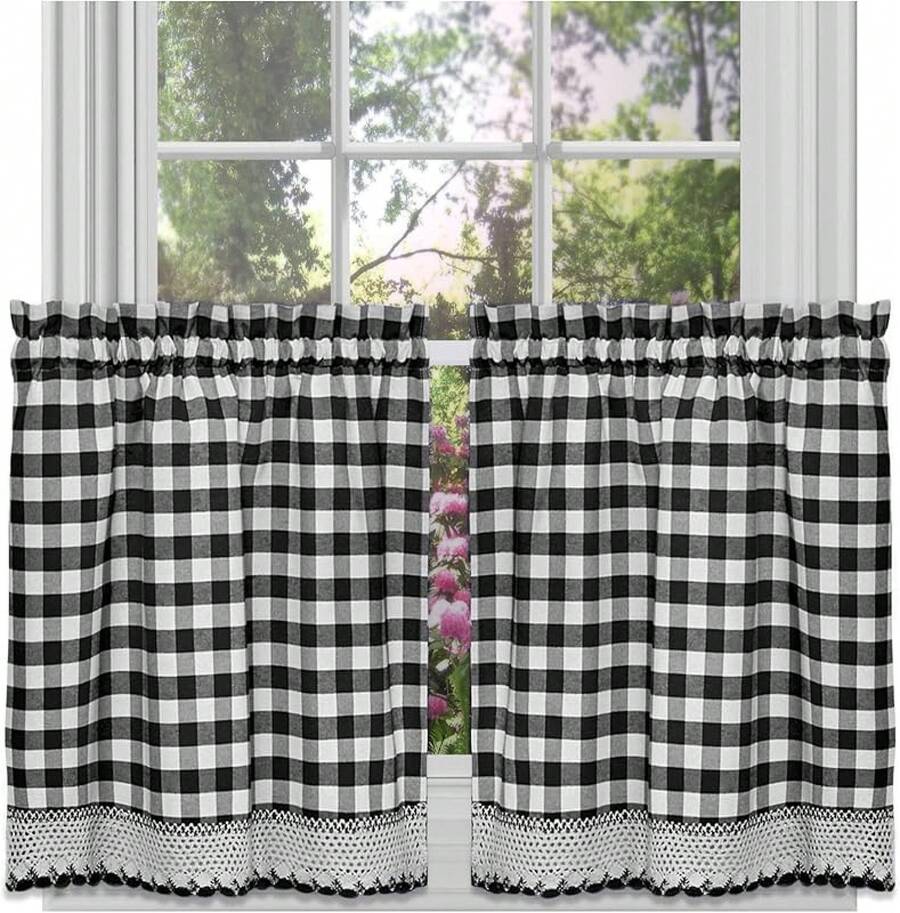 Achim Home Furnishings Buffalo - Cortina de Cuadros para Ventana, Par de bandejas, Blanco/Negro, Tier Pair 58 x 24, 1 - Negro - Ver 1