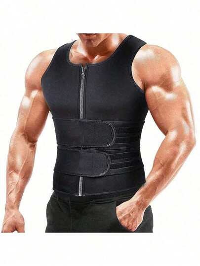 Men's Double-Strap Compression Tank Top, Reinforced With Rubber For Intense Sweating, Slim Fit Elastic Chest Band, Zipper & Hook And Loop Adjustable