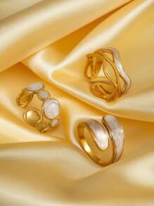 三件套时尚不对称不锈钢艺术珐琅戒指，18K真空镀金不褪色，女士珠宝，情人节礼物，适合日常佩戴