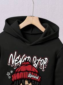 男童卡通印花保暖连帽衫和运动裤套装 - 黑色 - 查看 3