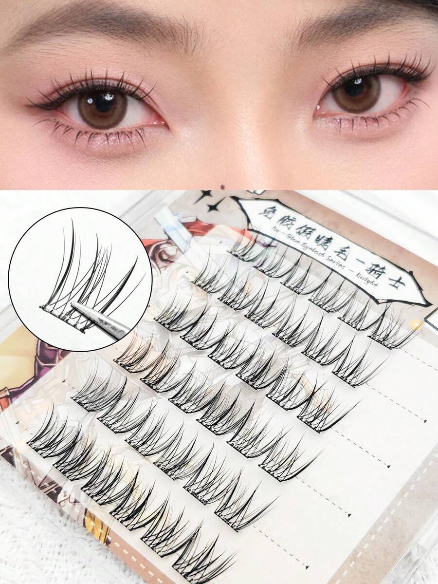 36 Büschel, 10-12 mm, Vogelstil, mit deutlichen Wurzeln, kein Kleber nötig selbstklebende einzelne Wimpern, Krümmung C/D, Stärke 0,07 mm, falsche Wimpern segmentierte Büschel Wimpern, natürlicher Look Cartoon, Manga Stil