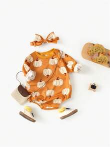 女婴可爱南瓜印花长袖连体衣，配发带，适合万圣节派对、春秋冬季穿着。 - 橘色 - 查看 2