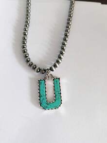 1pc Western Country Style Vintage Textured CCB Multicolor Leopard Print Black & White Plaid 26 Letter Minimalist Pendant Necklace, Sweater Chain