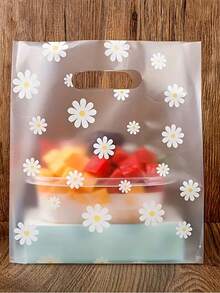 50pcs White Daisy Frosted Reusable Gift Packaging Bags With Handles, Transparent Bakery Takeout Bags - Clear - View 5