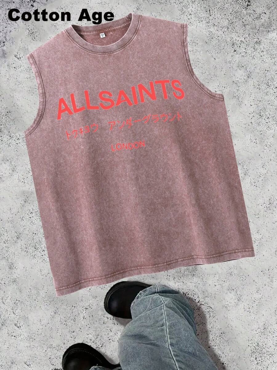 Vintage Men's Tank Top - AllSaints Print Design - Casual Fall/Winter Layering Tee - Perfect Gift For Halloween/Christmas - Cotton Age Brand - 摩卡棕 - 查看 1