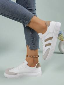 Women's Lace-Up Casual Sneakers - Breathable Synthetic Upper, Vibrant Khaki Accents, EVA/PVC Cushioned Outsole For All-Day Comfort - Suitable For Work, Everyday Wear And Leisure, Women's Athletic Shoes, Work Shoes, Slip-On Shoes, Modern Sneakers, Durable Traction, Comfortable Fit