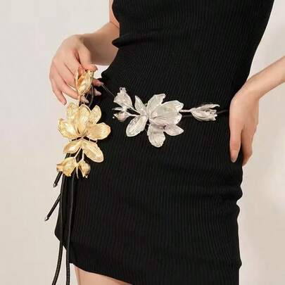 1 pieza de cinturón de aleación de hierro con color dorado y plateado, cinturón vintage de flor de tulipán dorada pequeña con falda y decoración de jeans, cuerda negro, cadena delgada de la cintura adecuada para usar en la vida diaria