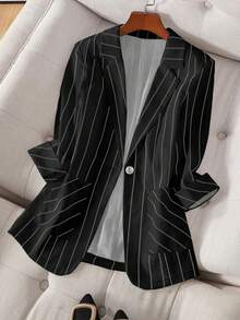 Blazer décontracté rayé à un bouton et manches 3/4 pour femmes, printemps/été - Noir - Voir 1