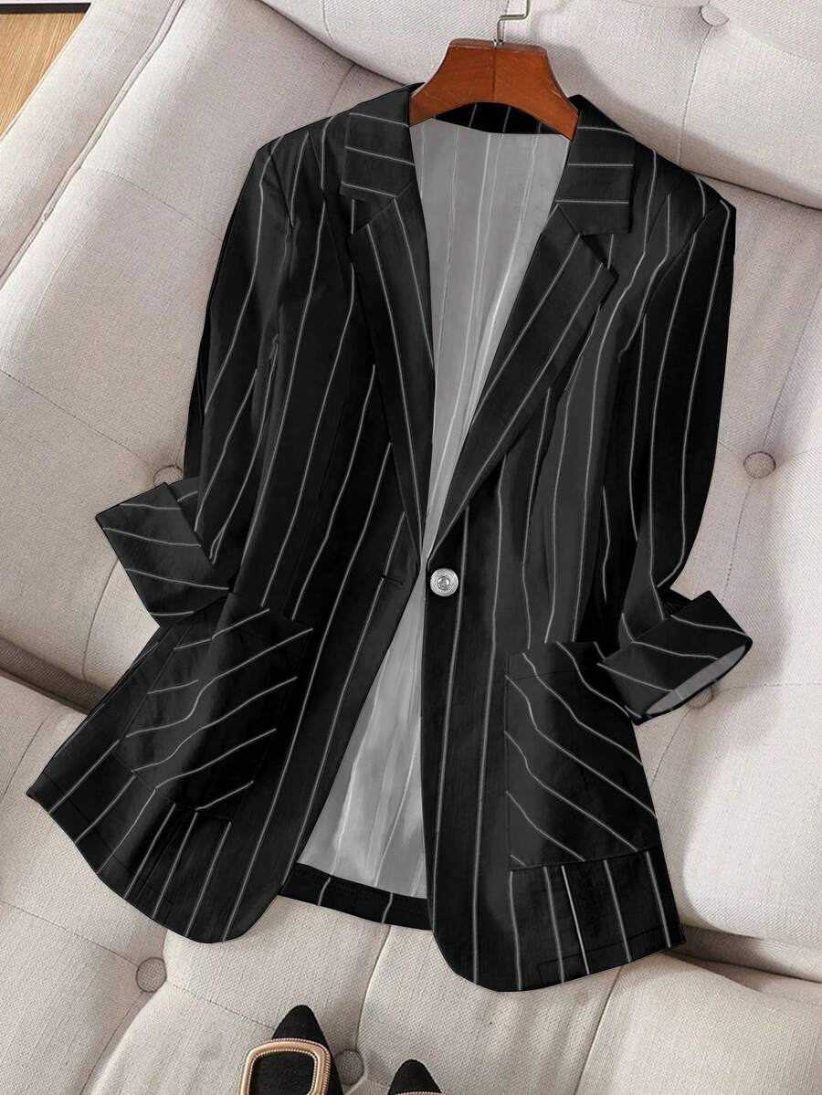 Blazer décontracté rayé à un bouton et manches 3/4 pour femmes, printemps/été - Noir - Voir 1