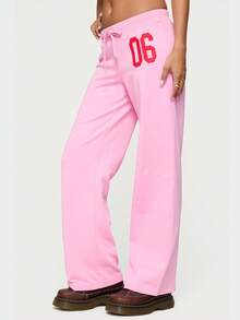 Women Y2K Number Printed Sweatpants Drawstring Elastic High Waist Straight Leg Baggy Pants Loose Workout Joggers Casul Trousers - 粉色 - 查看 2