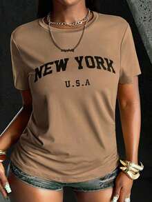 2026 Women's ClothesWomen's Simple Printed Round Neck Short Sleeve Basic T-Shirt Graphic Tees Women TopsLoose And Comfortablesummer Shirts - 摩卡棕 - 查看 4