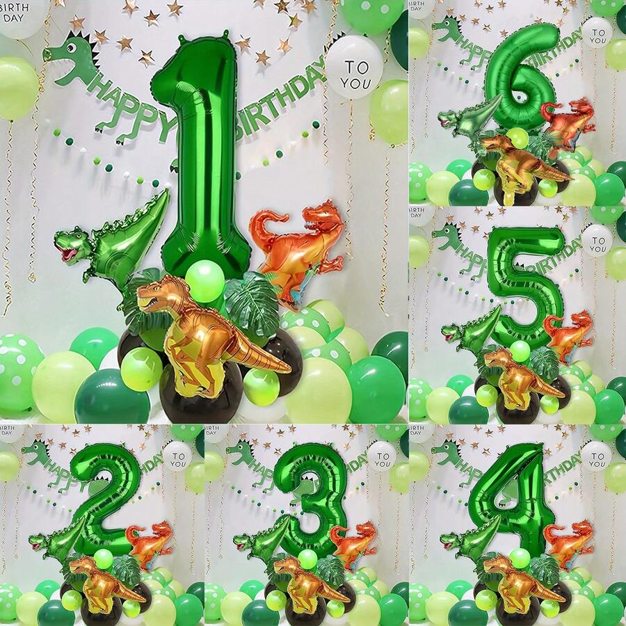 19 件绿色恐龙主题铝箔气球套装，生日、新年、周年派对装饰，生日气球 - 彩色 - 查看 1